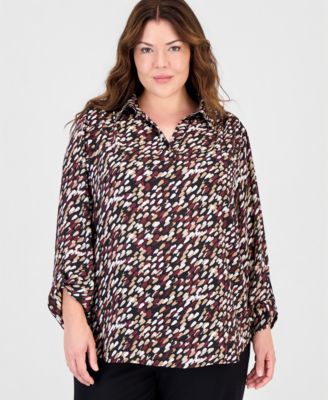 Plus Size V-Neck Long Roll-Tab Sleeves Blouse