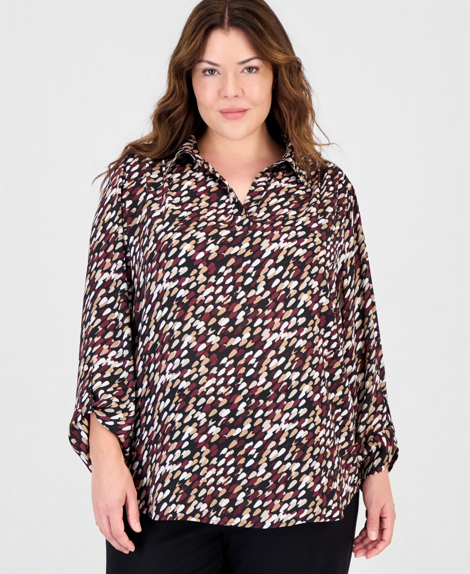 Plus Size V-Neck Long Roll-Tab Sleeves Blouse