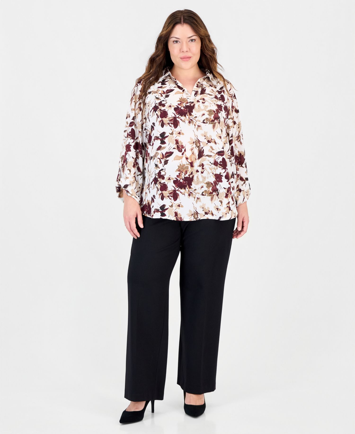 Plus Size Floral Roll-Tab V-Neck Blouse