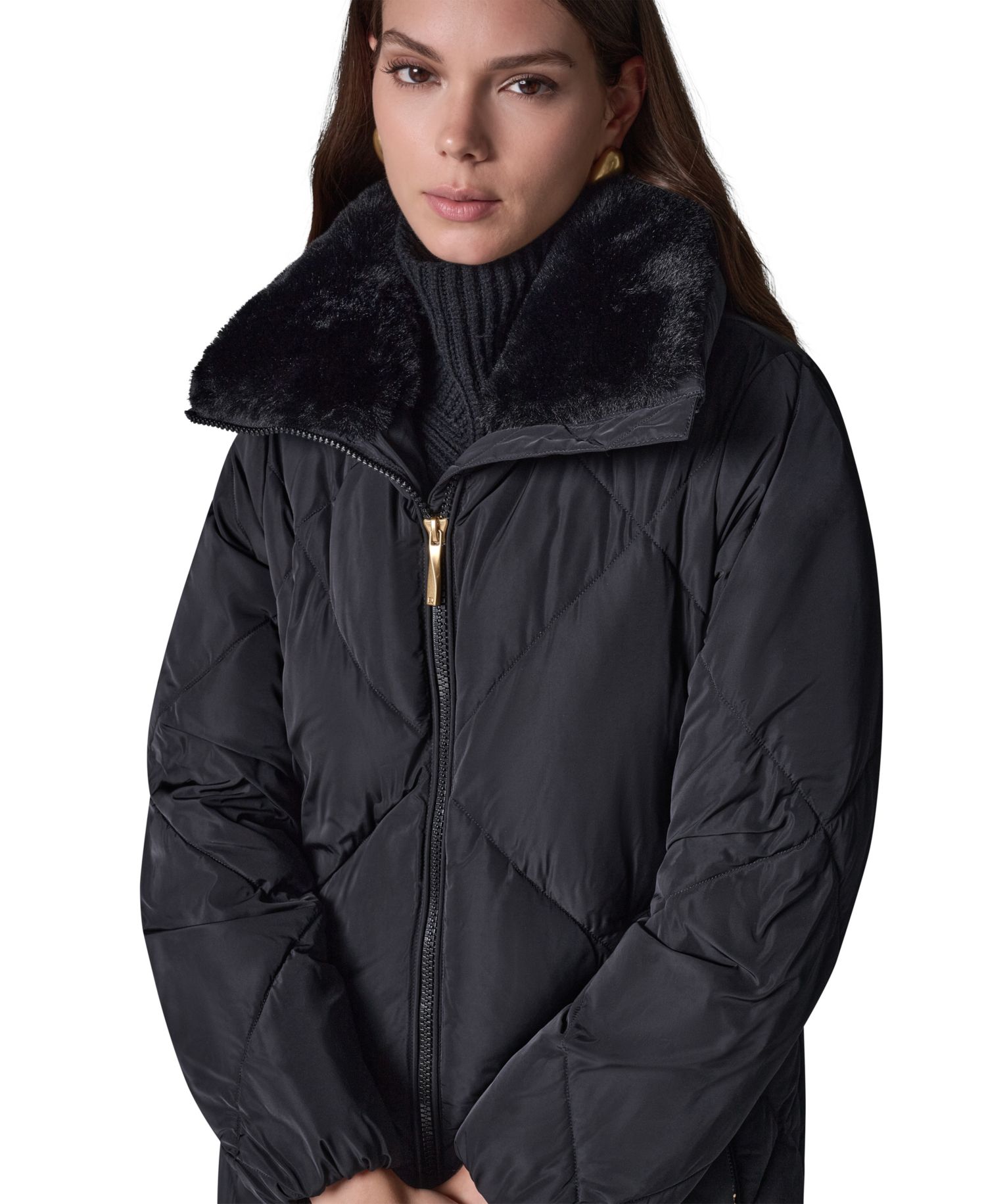 Women's Quilted Midi-Length Faux Fur-Trimmed Puffer Coat