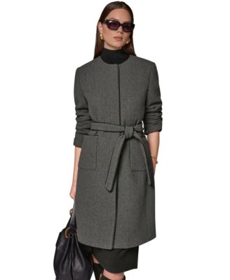 Women's Collarless Wool-Blend Pleather Trim Coat