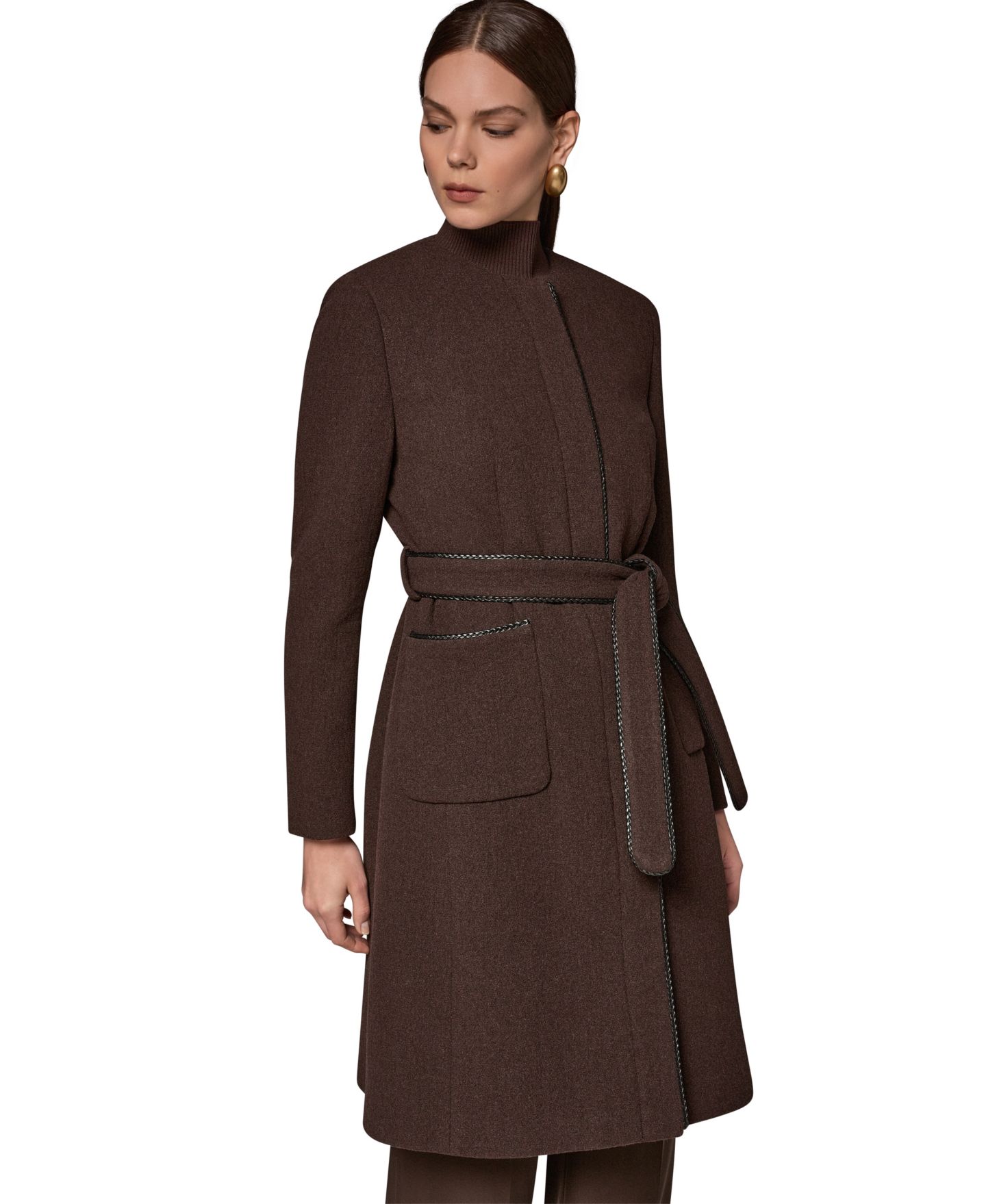 Женское пальто Donna Karan New York без воротника из шерстяной смеси с отделкой, цвет: Шоколадный — фото 3