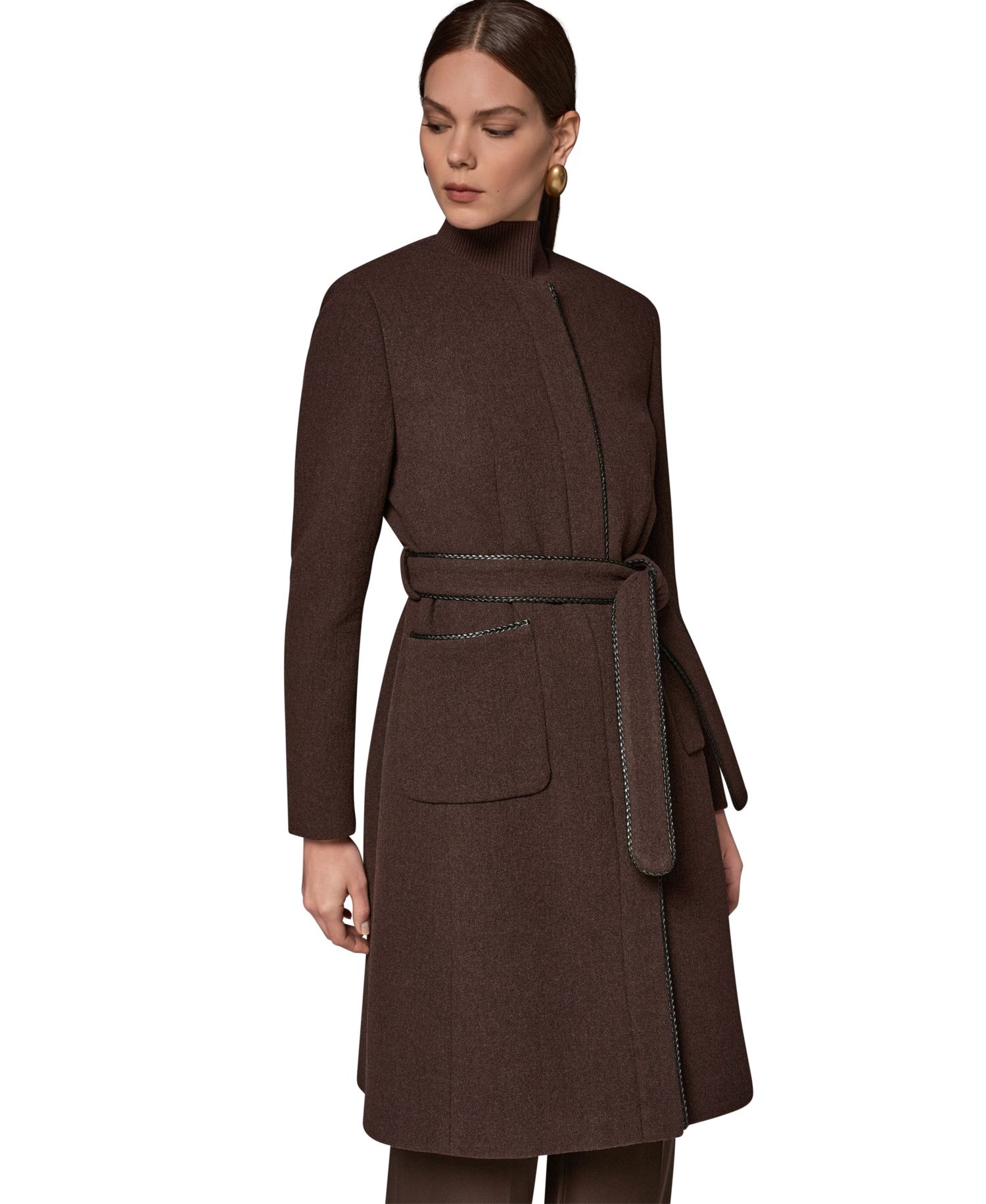 Women's Collarless Wool-Blend Pleather Trim Coat