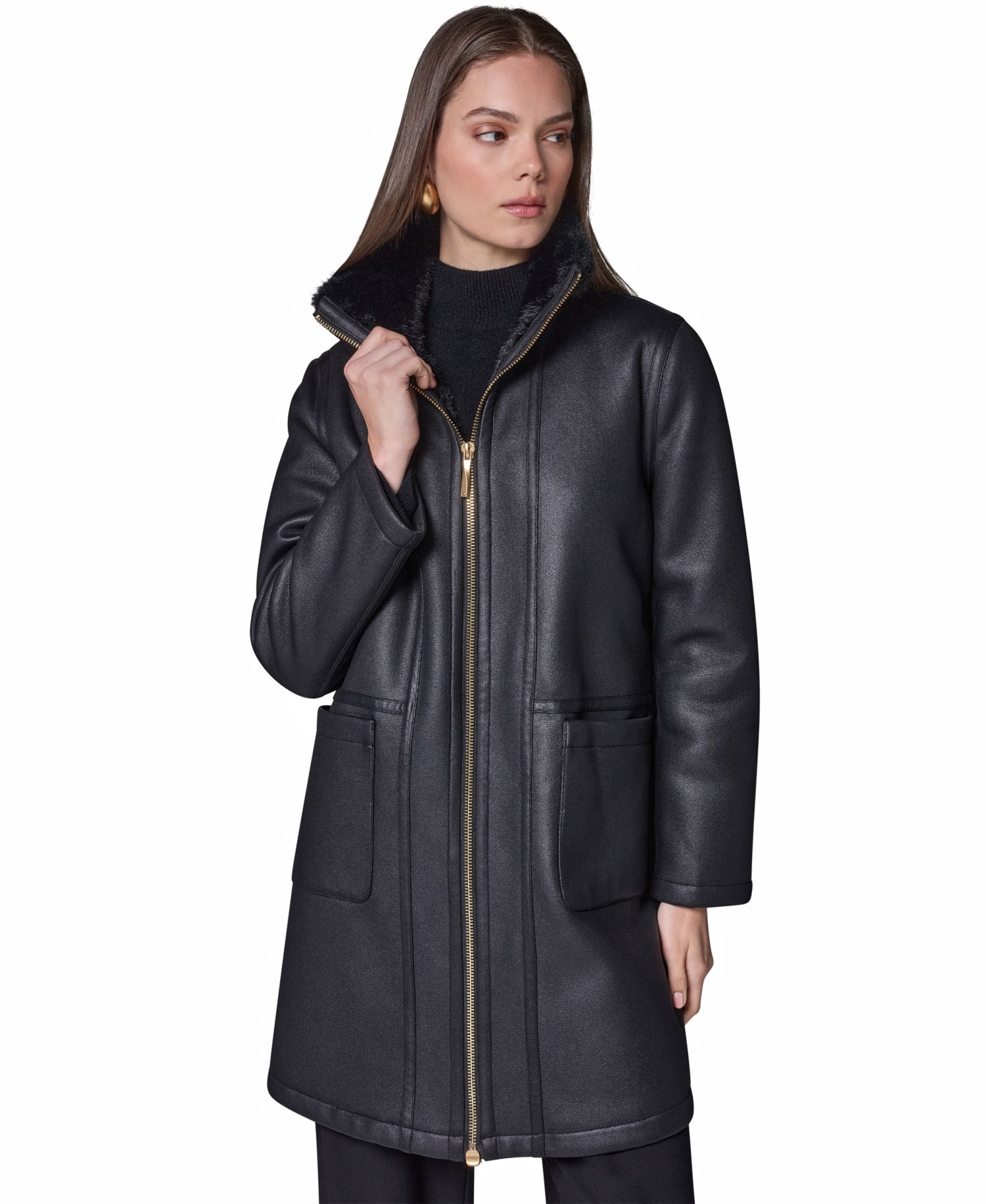 Women's Faux Shearling Long-Sleeve Spread Collar Coat