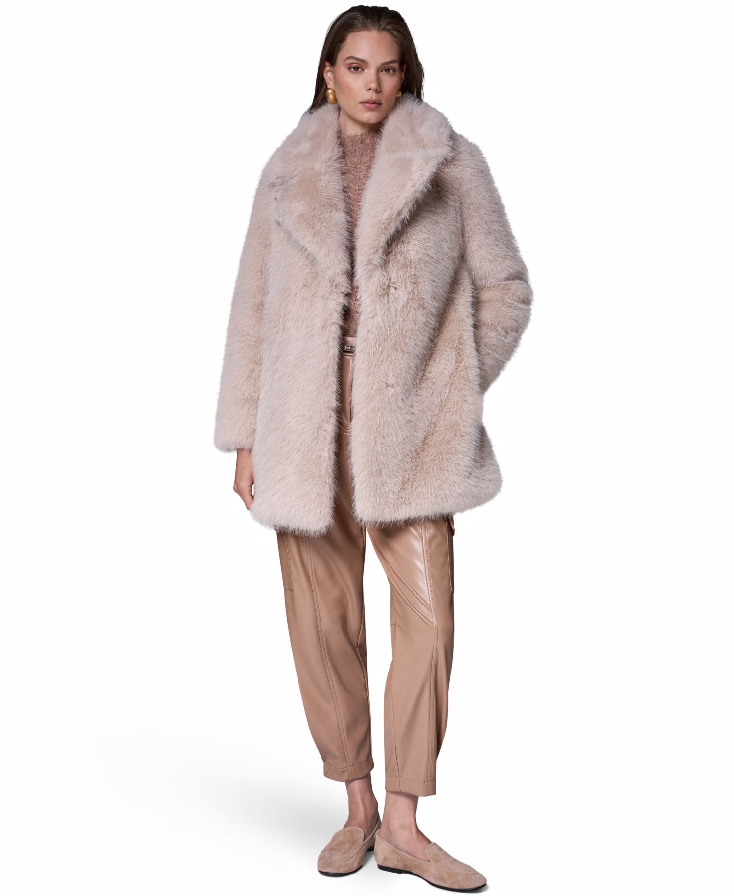 Womens Belted Collared Faux Fur Coat