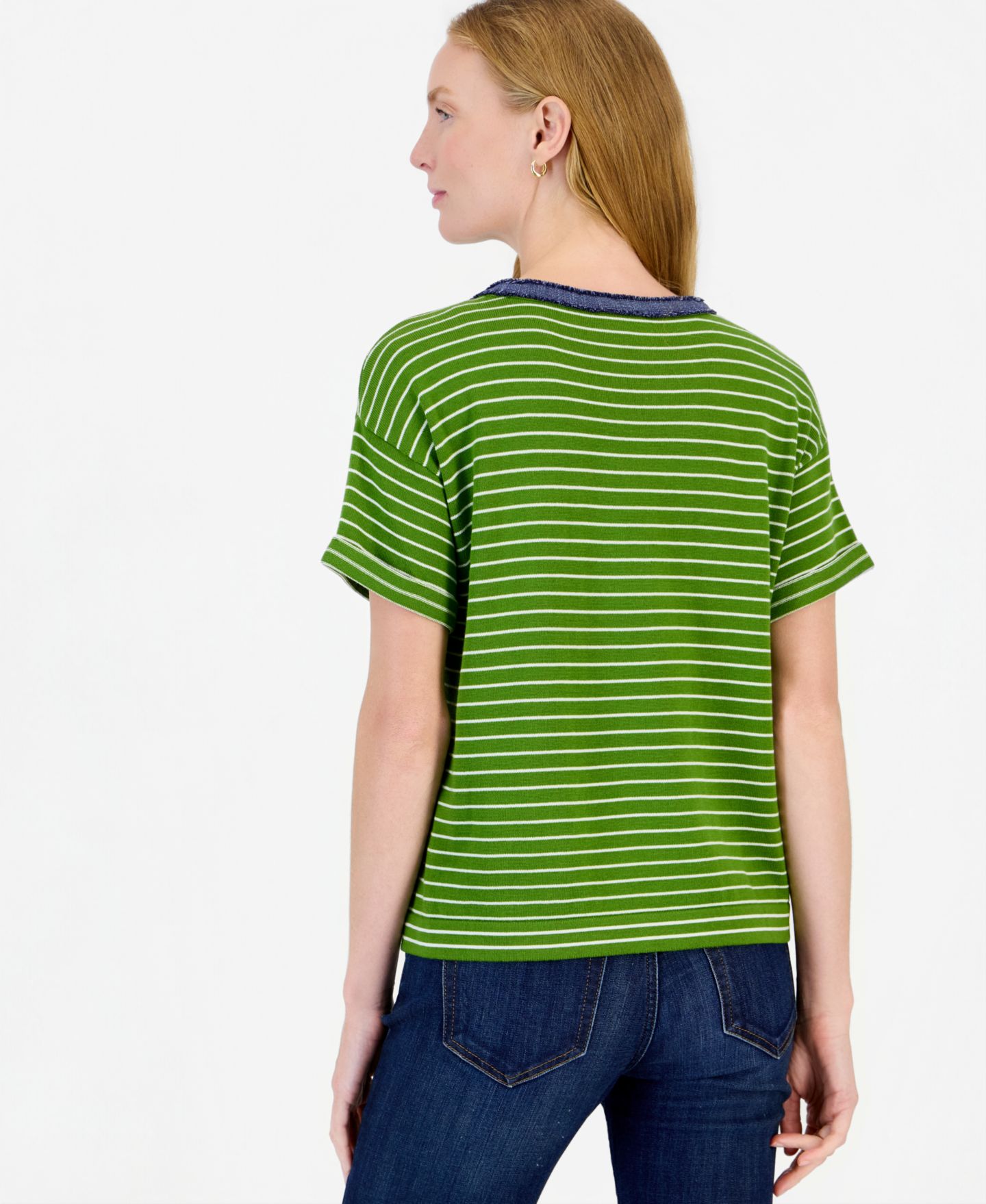 Женский свитер Nautica Short-Sleeve Striped Denim-Trim Cotton-Acrylic Blend, цвет: Яркий белый — фото 4