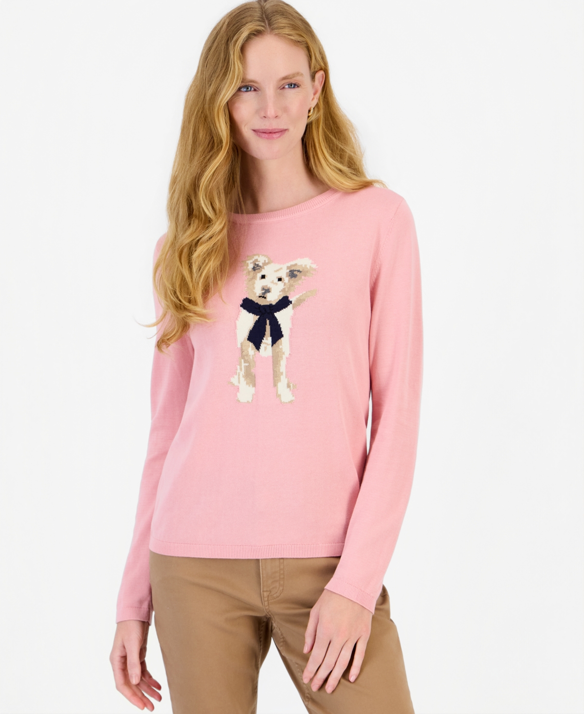 Nautica Women's Intarsia Dog Cotton Crewneck Sweater