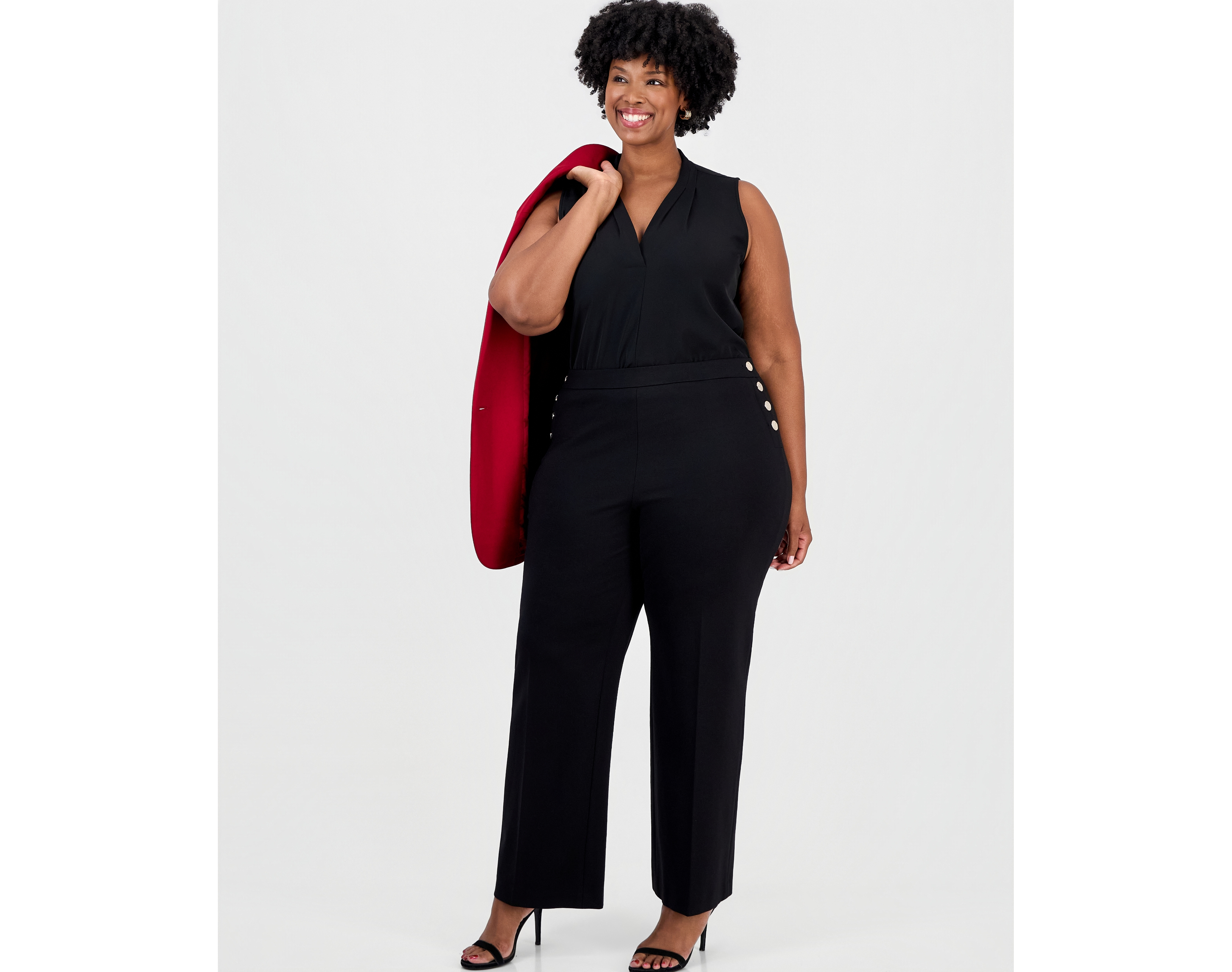 Anne Klein Plus Gold Button Wide-Leg High-Waisted Pants