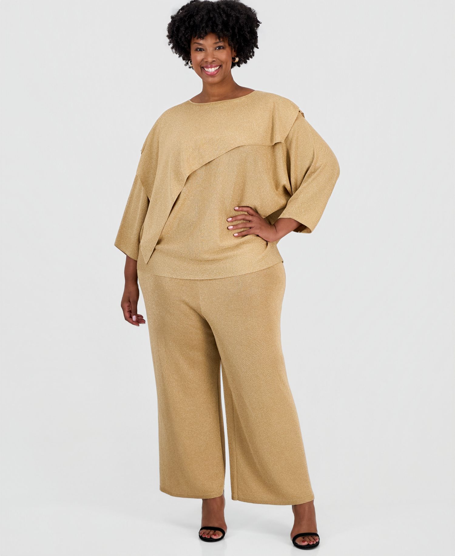 Plus Size Wide-Leg Pull-On Lurex Pants