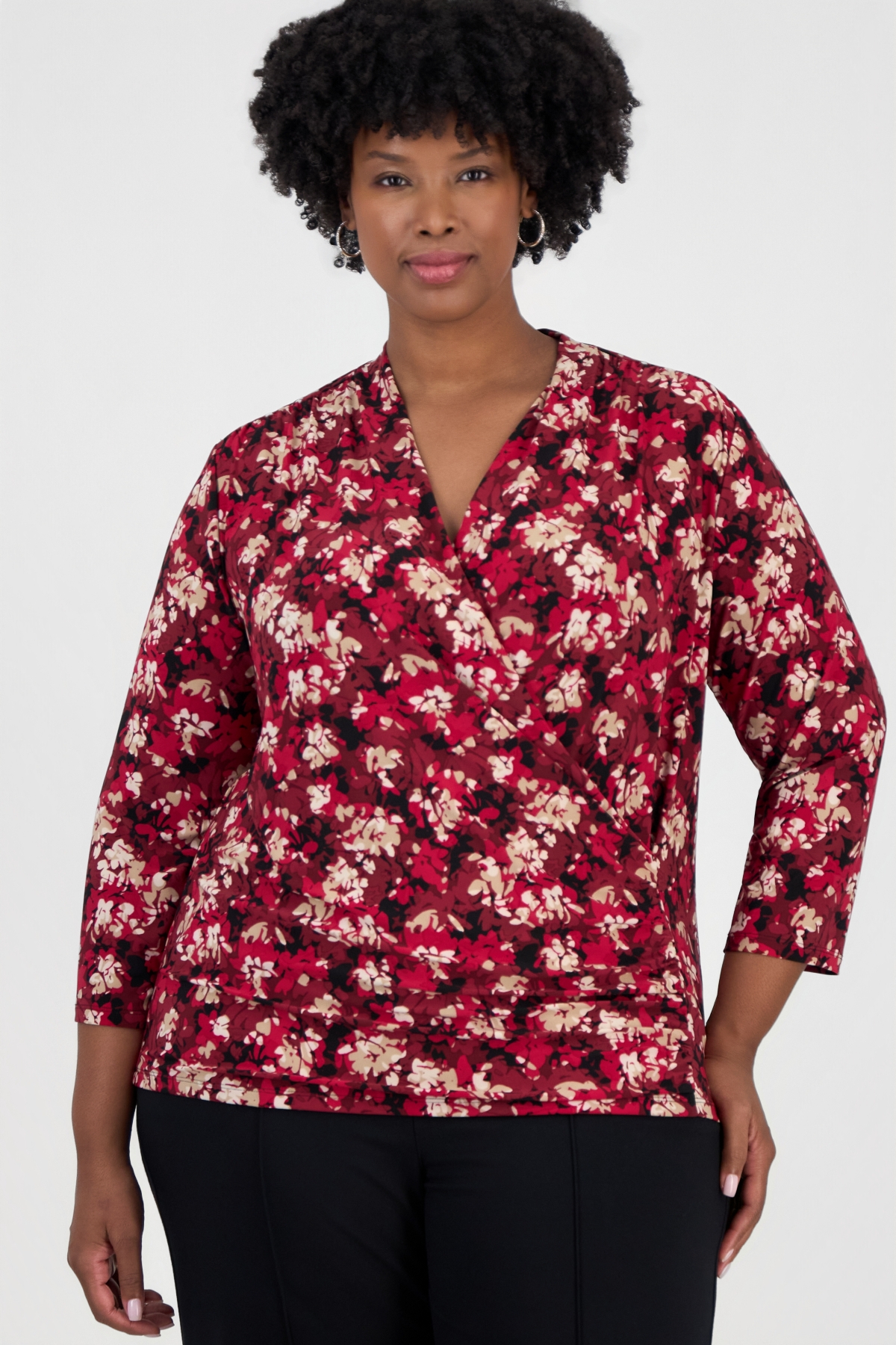 Anne Klein Plus Size Faux Wrap Floral 3/4-Sleeve Top - Titian Red Multi