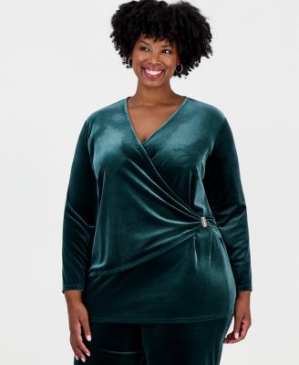Plus Size Faux-Wrap Velvet V-Neck Blouse
