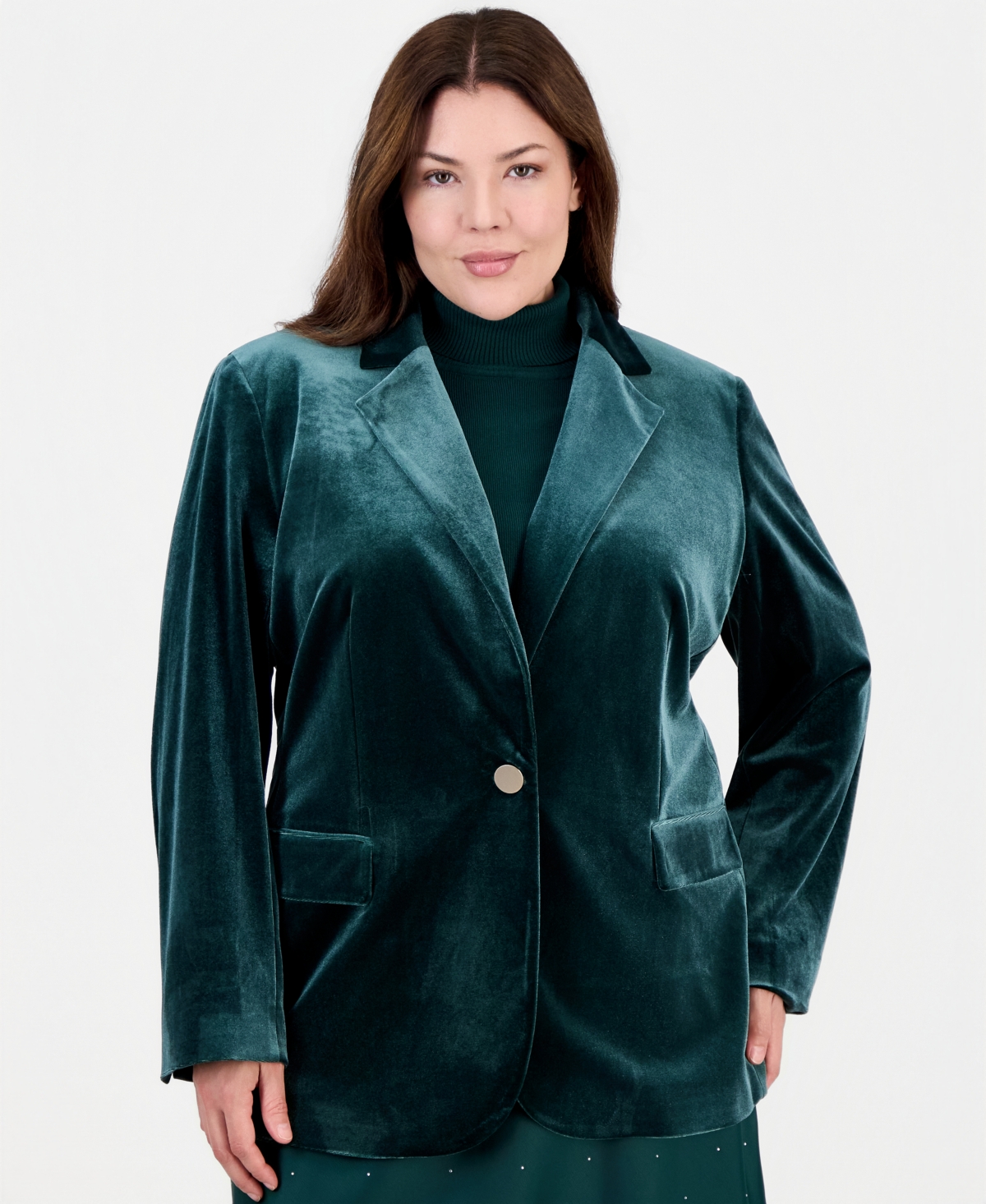 Anne Klein Plus Size Velvet Notched-Collar Blazer - Pine Forest