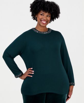 Plus Size Rhinestone Embellished Keyhole Sweater