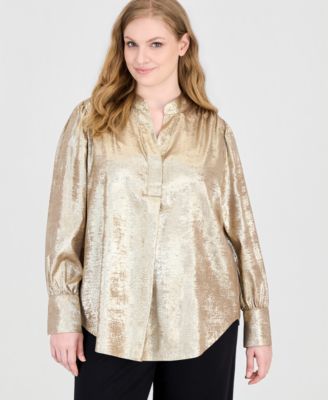 Plus Size V-Neck Pleat-Front Long-Sleeve Blouse