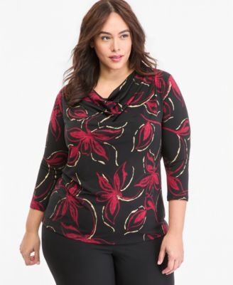 Plus Size Cowl Neck 3/4-Sleeve Floral Blouse