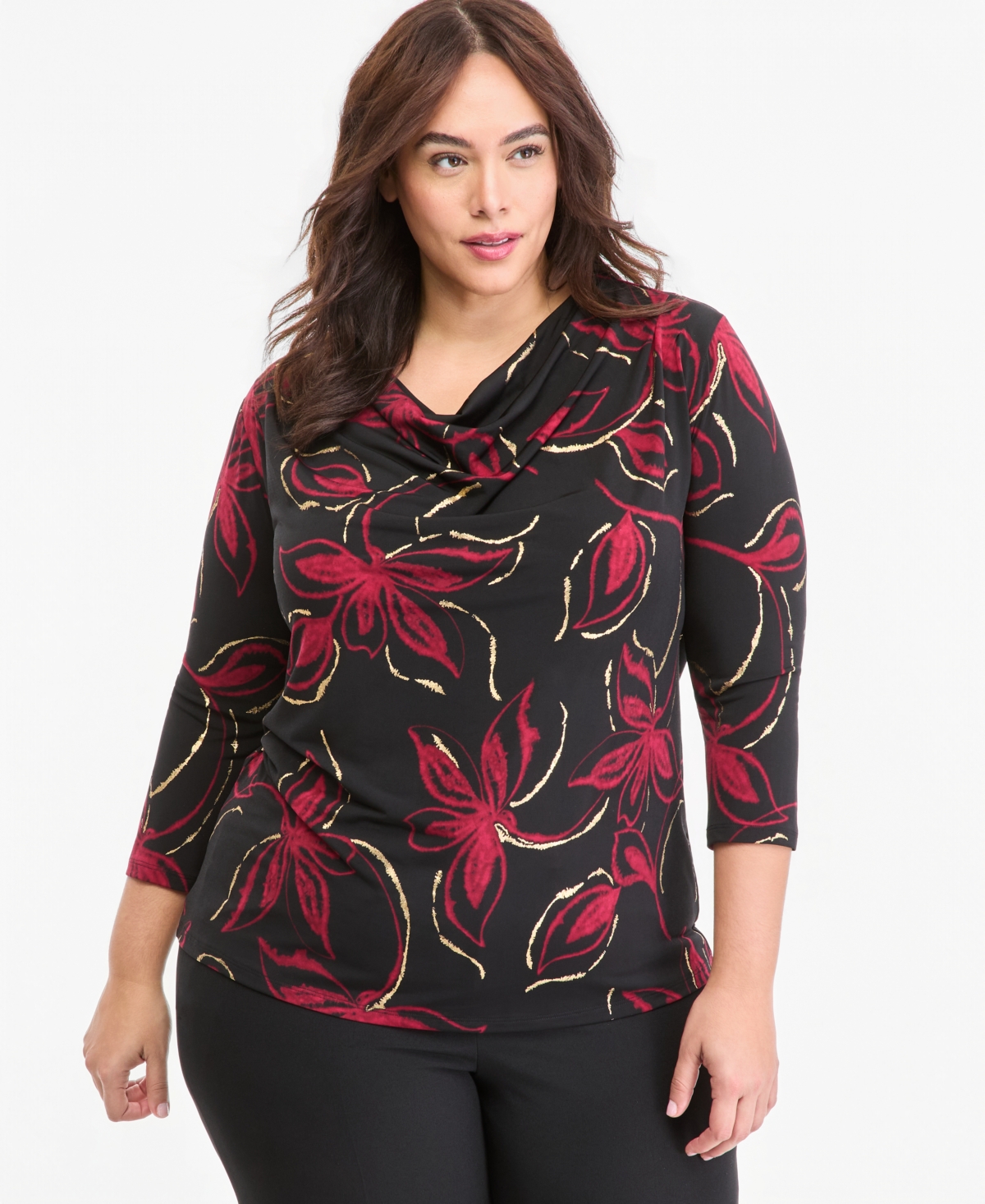 Anne Klein Plus Size Cowl Neck 3/4-Sleeve Floral Blouse - Anne Black Multi