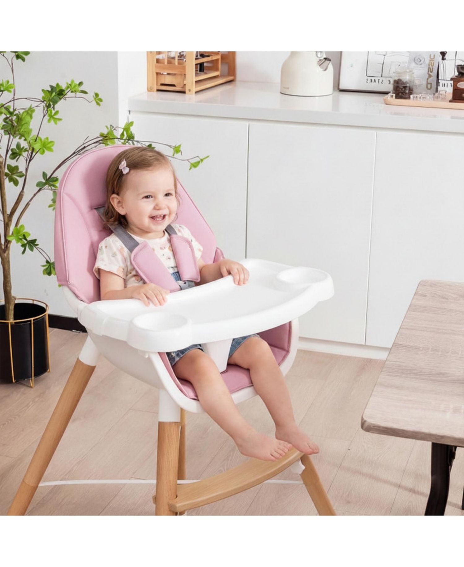 Wooden Baby High Chair with Dishwasher-Safe Tray and 5-Point Harness