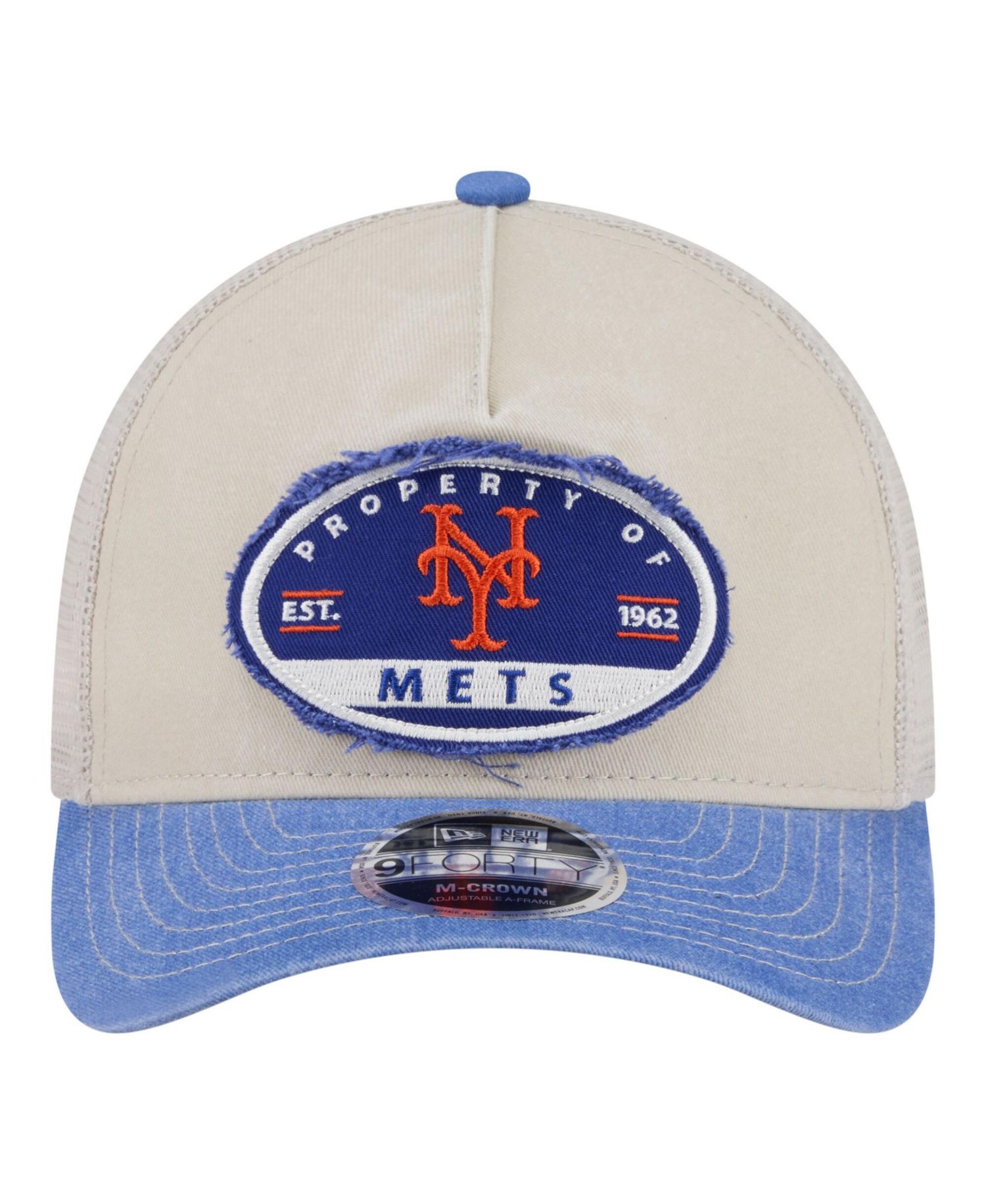 Men's Light Beige/Royal New York Mets Frayed M-Crown A-Frame 9FORTY Trucker Adjustable Hat