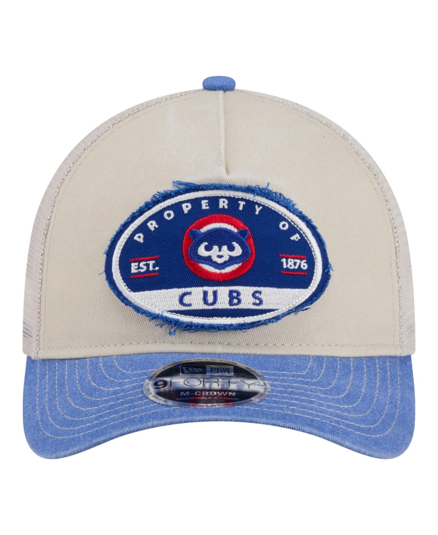 Men's Light Beige/Royal Chicago Cubs Frayed M-Crown A-Frame 9FORTY Trucker Adjustable Hat