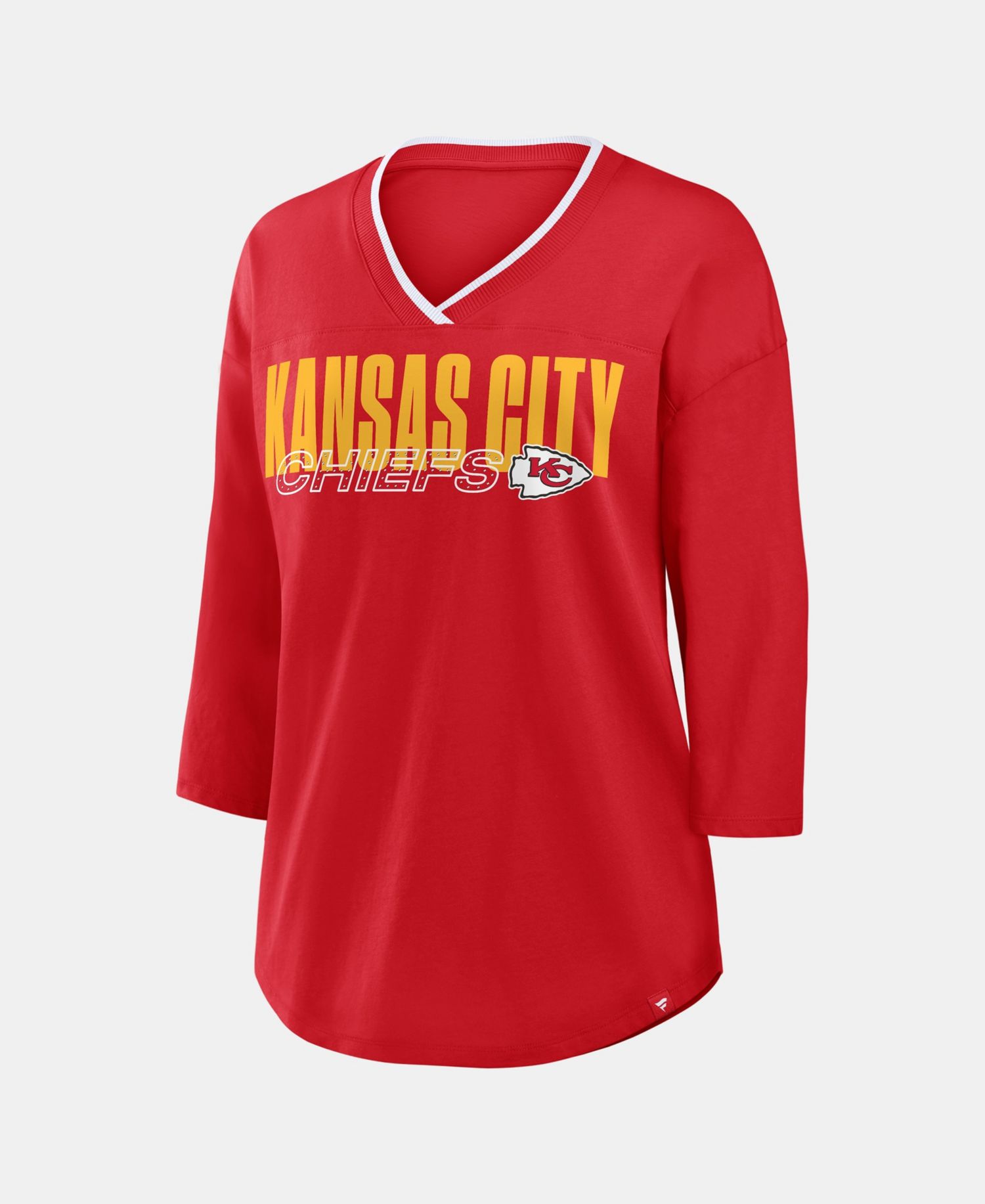 Women's Kansas City Chiefs Team First Deceptive Juke 3/4-Sleeve V-Neck Oversized Graphic T-Shirt