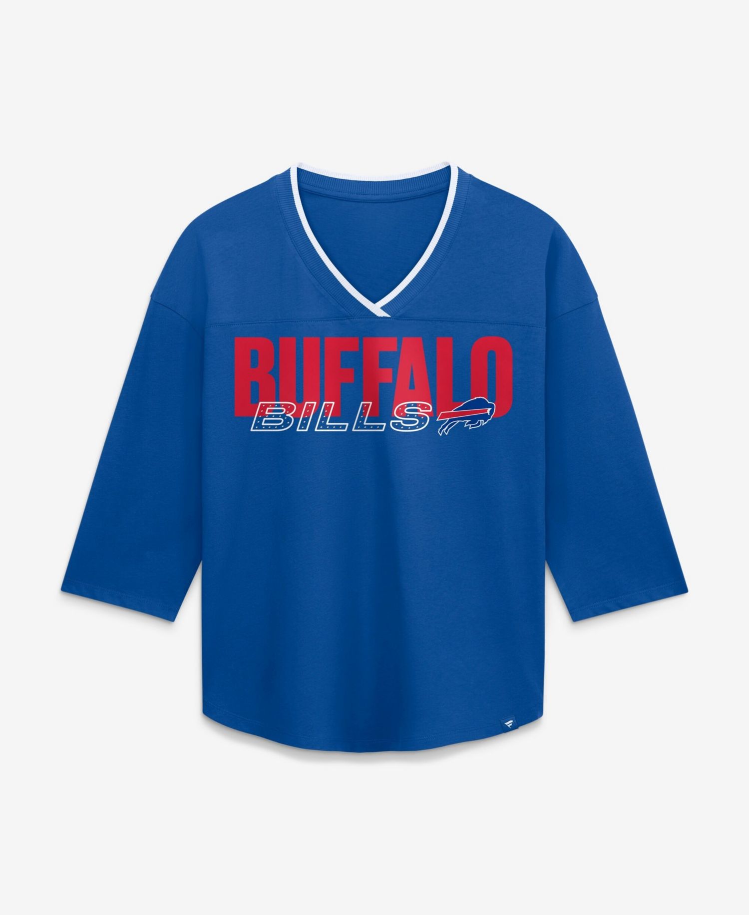 Women's Buffalo Bills Deceptive Juke 3/4-Sleeve V-Neck Rhinestone Graphic T-Shirt