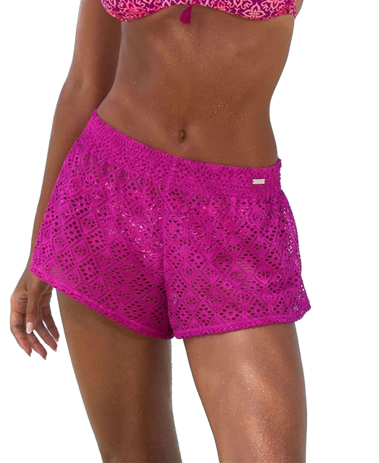 Women's Geometric Print Eyelet Shorts Crochet Swim Cover-Up