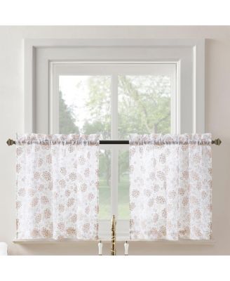 Jacqueline Tonal Floral Puff Print Semi-Sheer Rod Pocket Kitchen Curtain Tier Pair