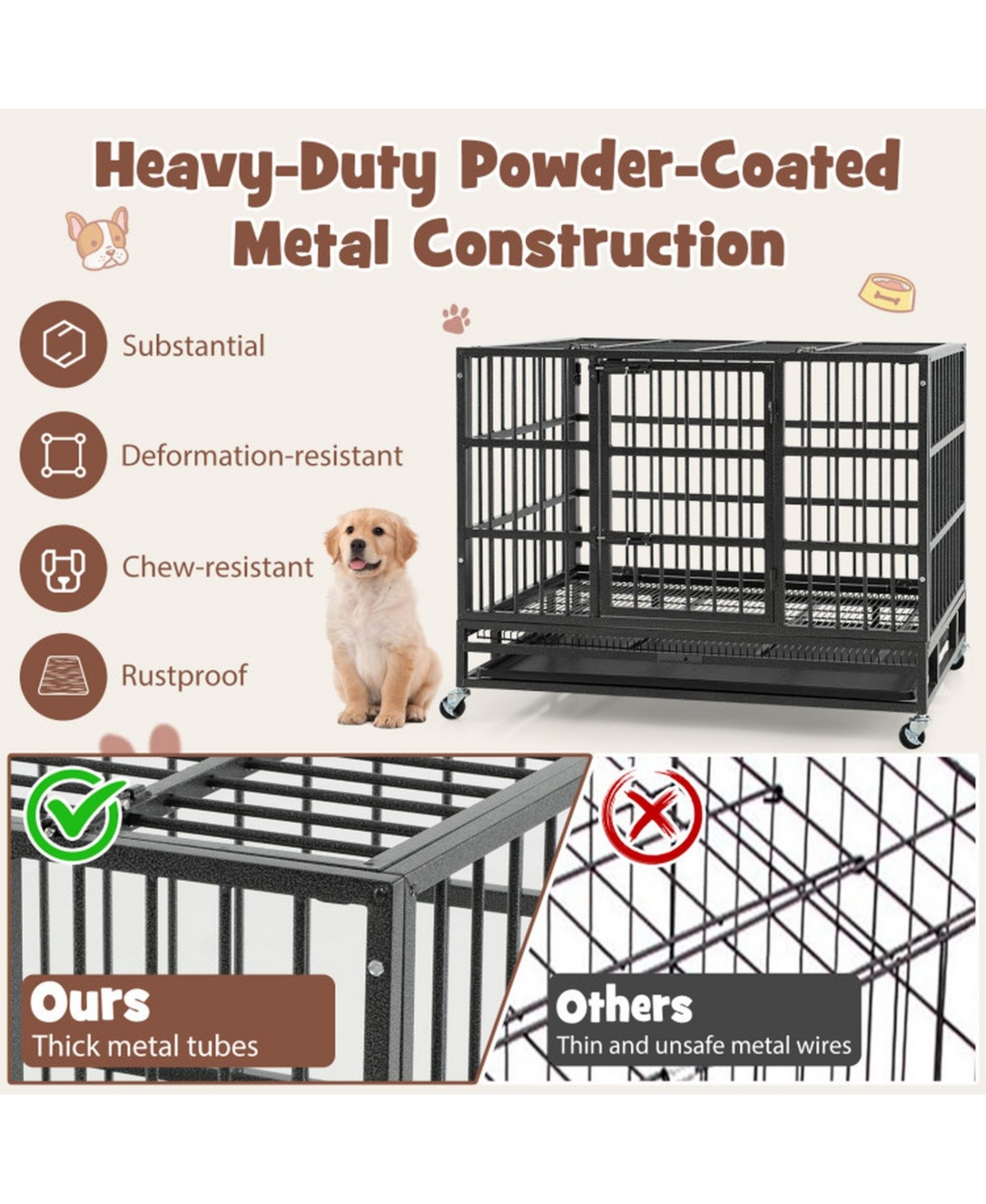 Hongge 38 in Foldable Heavy-Duty Metal Dog Crate with Rolling Casters and Pull-Out Tray