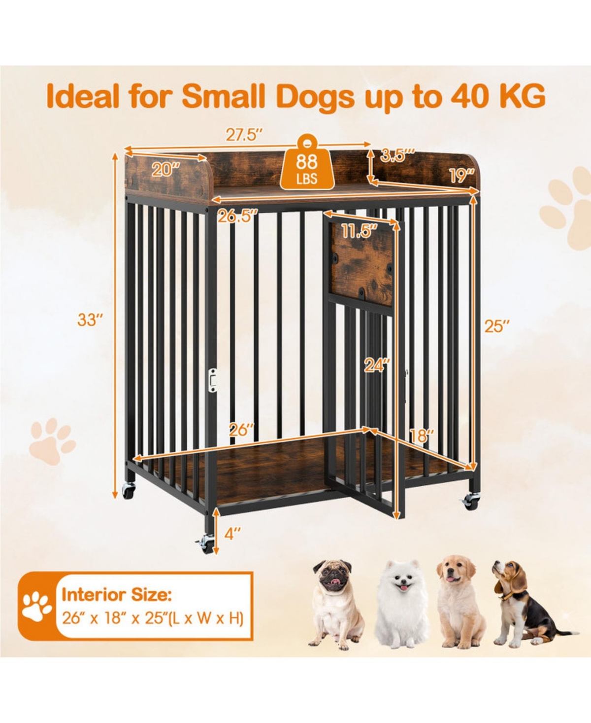 Hongge 27.5 in Dog Crate Furniture with Wheels Lockable Door and Tabletop for Small Dogs