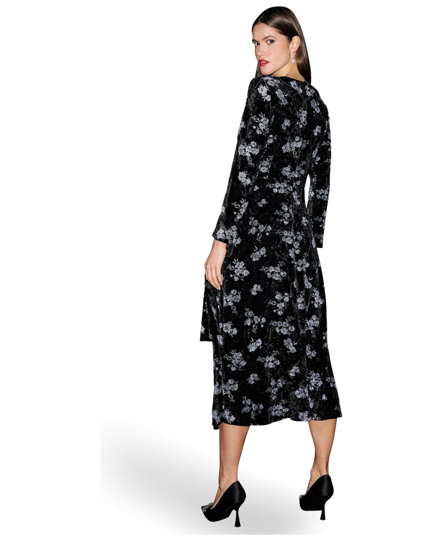 Женское платье Yumi Floral Velvet Midi Wrap, цвет: Чёрный — фото 3