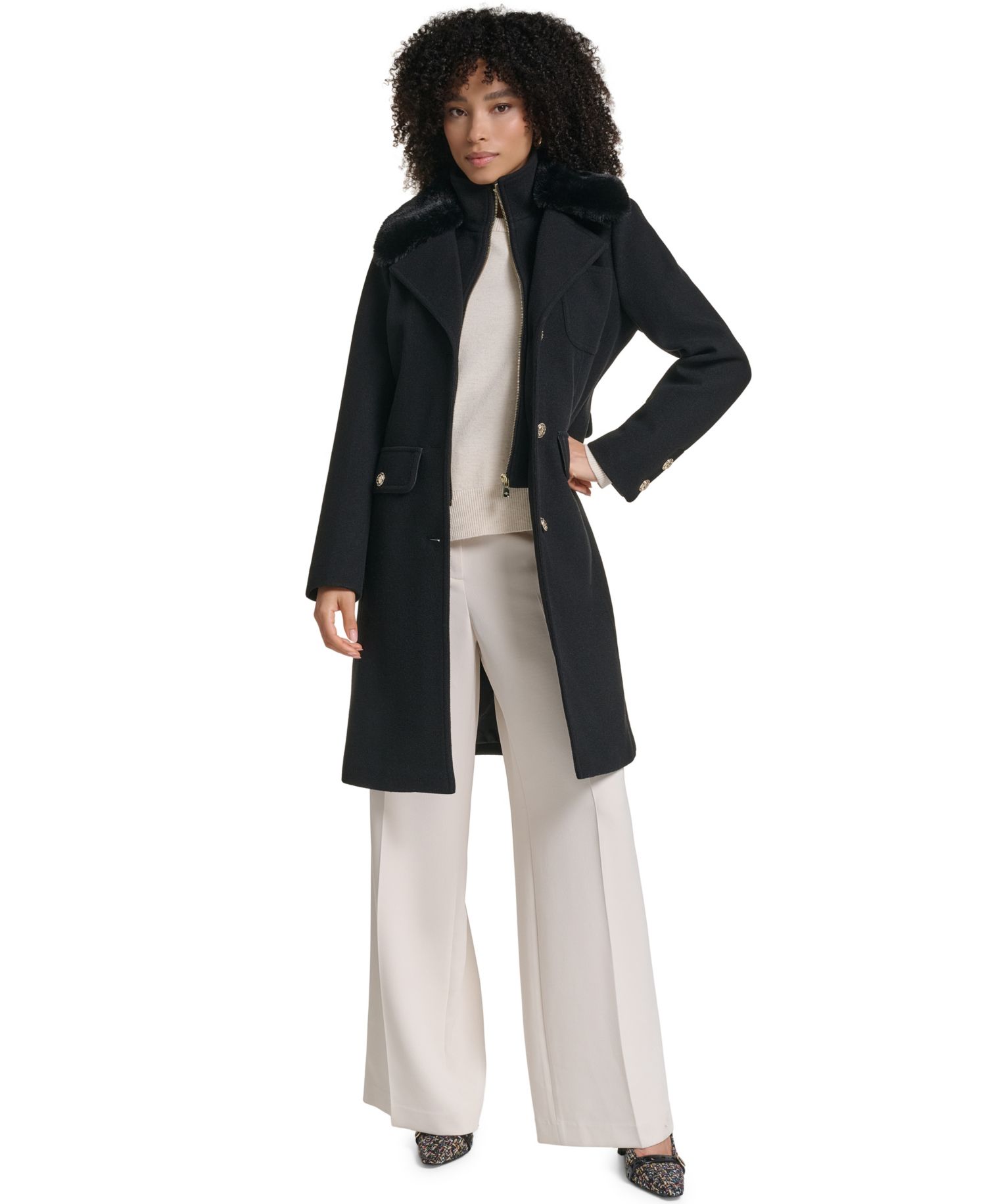 Women's Bibbed Faux-Fur Collar Lined Coat