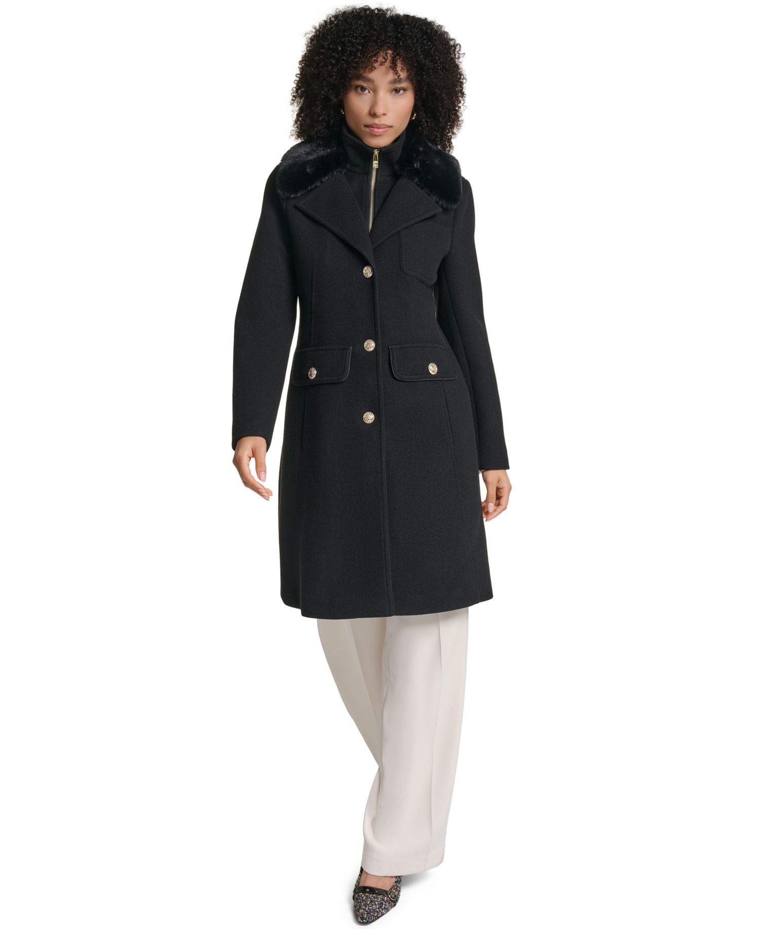 Women's Bibbed Faux-Fur Collar Lined Coat