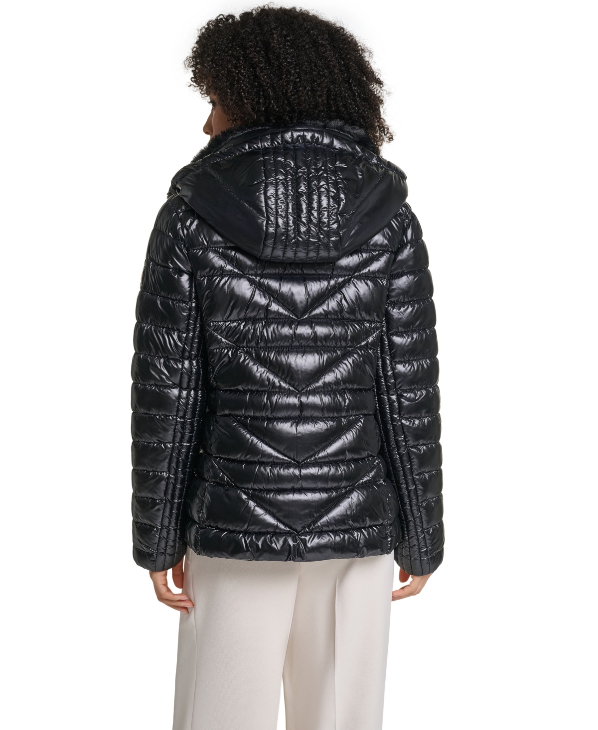 Karl Lagerfeld Paris Women's Short Hooded Faux Fur Collar Puffer Jacket