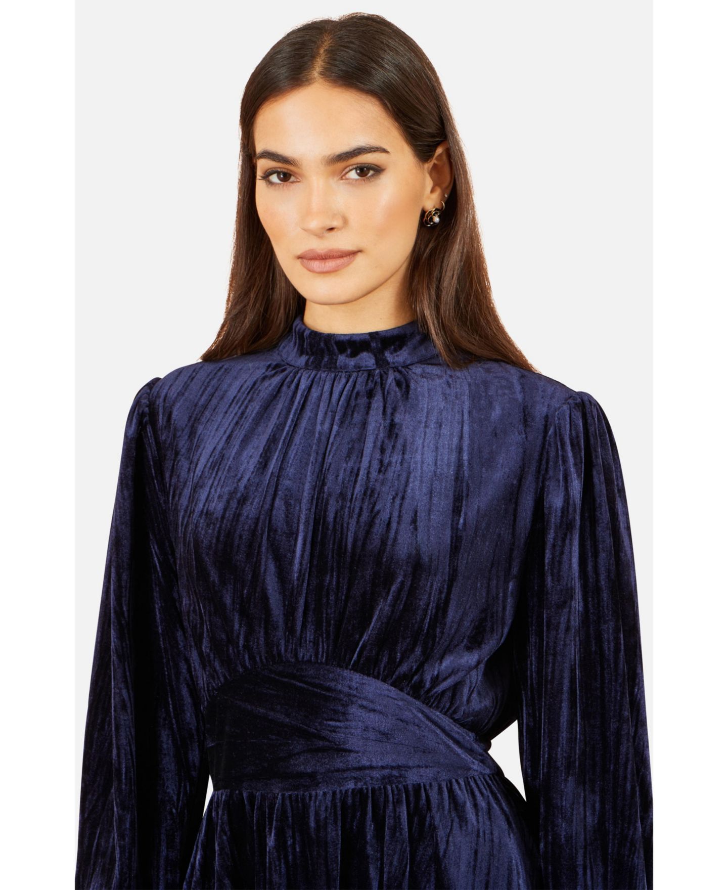 Женское платье Yumi Ruched Waist Velvet Long-Sleeve Skater, цвет: Тёмно-синий — фото 5