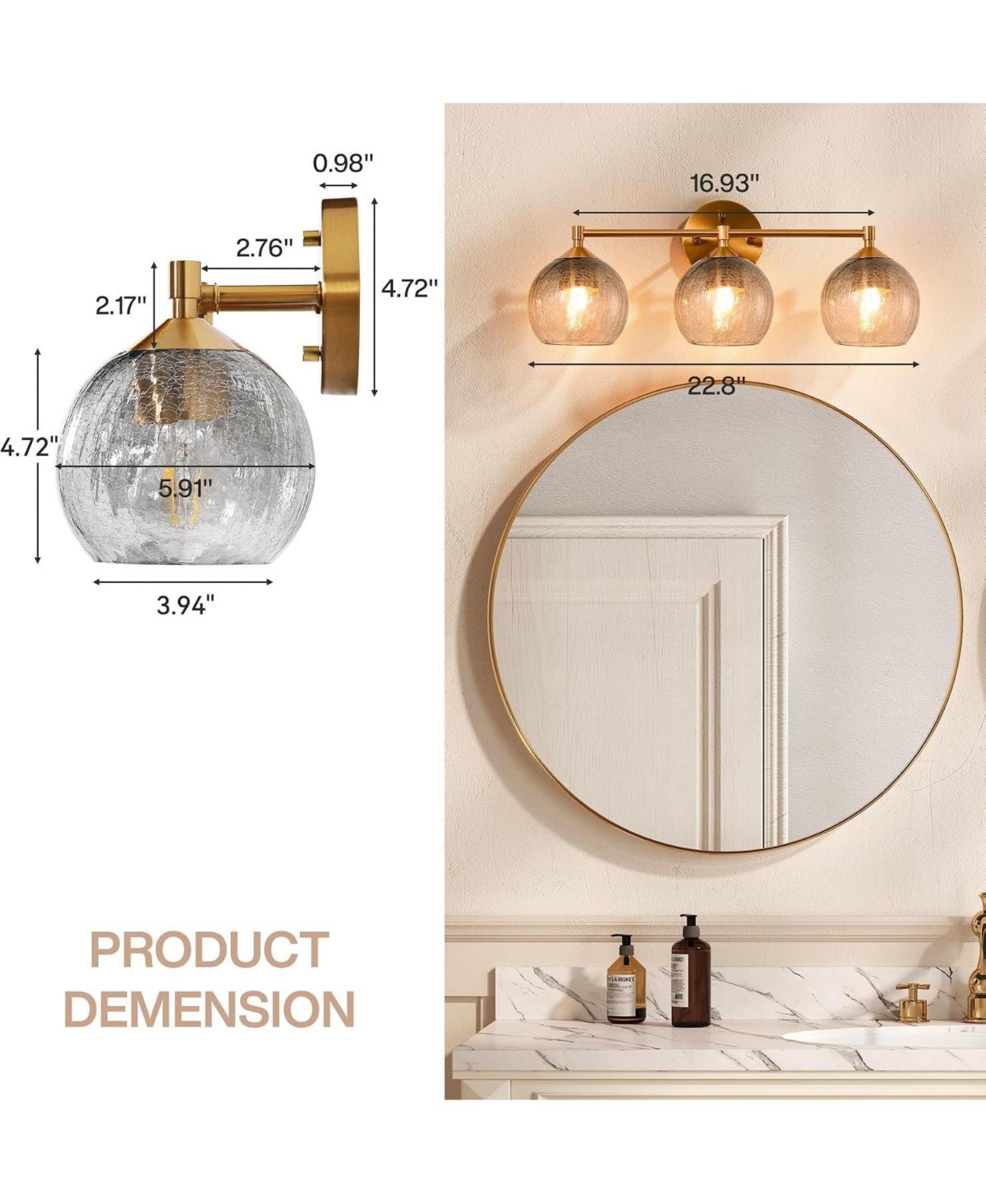 Tribesigns 3-Light Bathroom Light Fixtures, Modern Vanity Light with Glass Shade, Bathroom Wall Sconce, Bulbs Not Included
