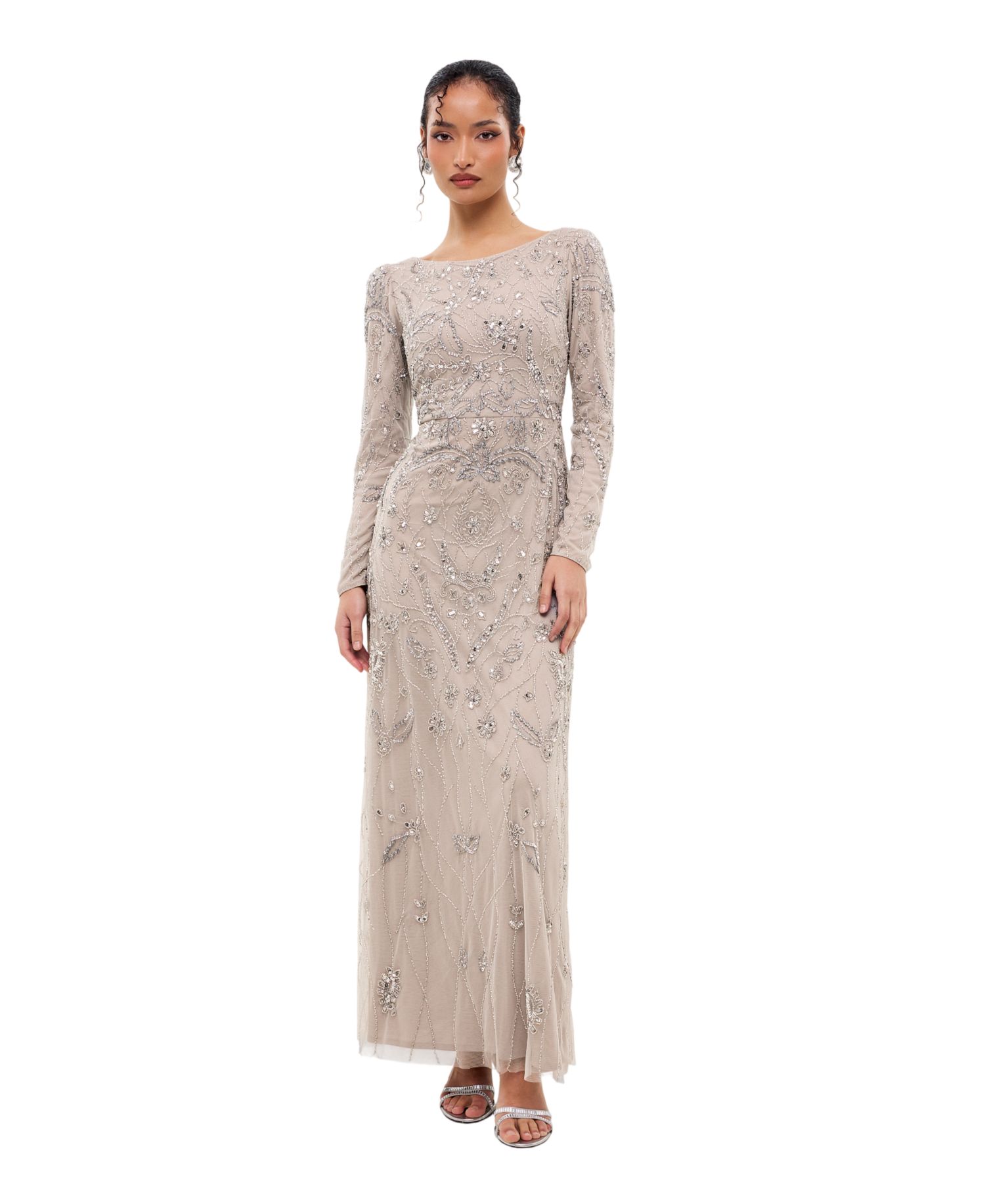 Women's Modest Floral Embellished Sequins Maxi Dress
