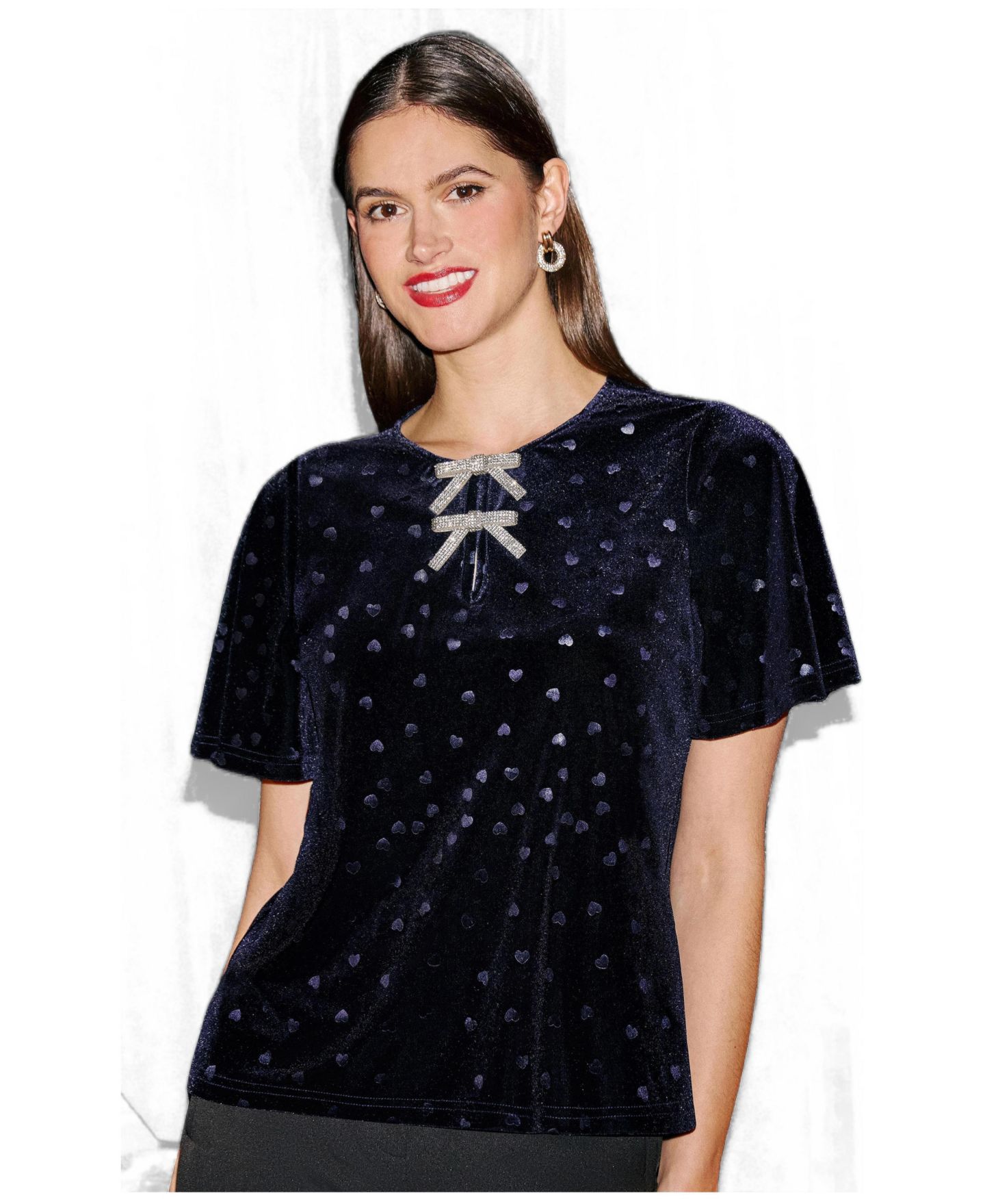 Женский топ Yumi Velvet Heart-Print Bow Detail, цвет: Тёмно-синий — фото 2