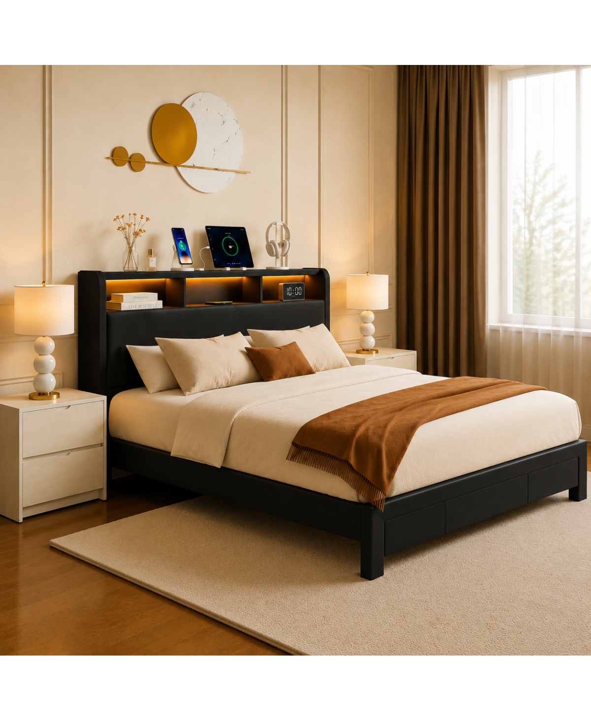 Streamdale Furniture Full-Size Upholstered Storage Bed with Led Headboard, Charging Station and Drawers