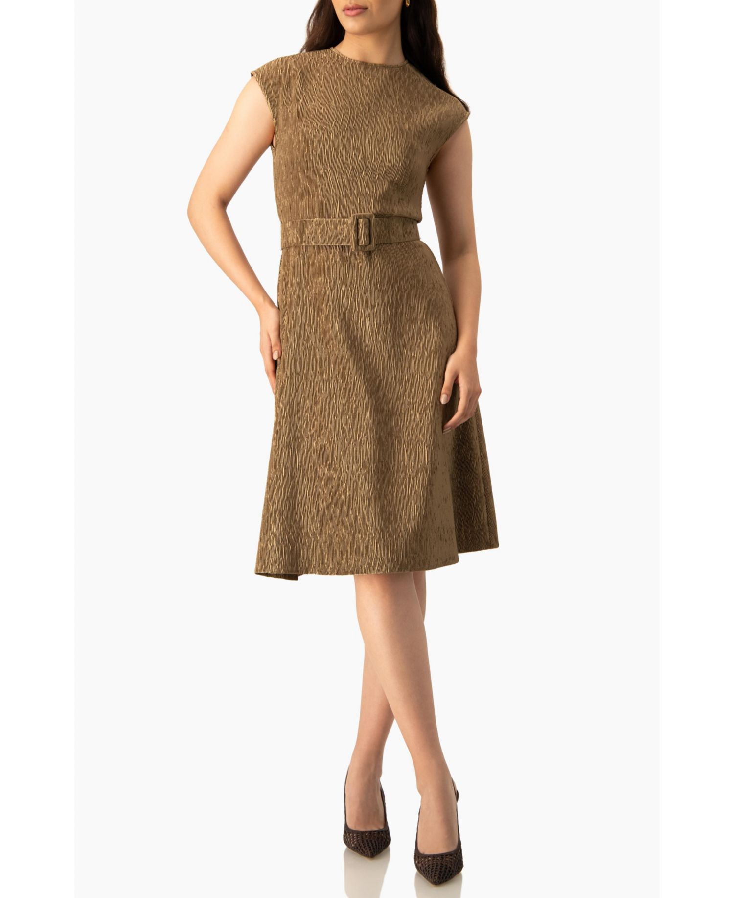 Women's Textured Belted A-Line Dress, Cap Sleeve Fit-and-Flare with Buckle Belt