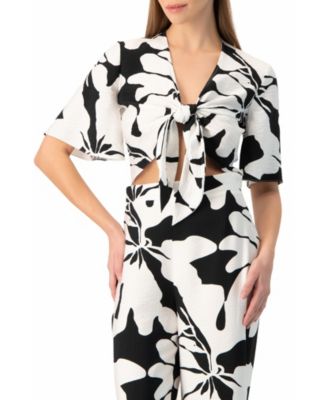 Women's Tie-Front Floral-Print Wide-Sleeve Crop Top