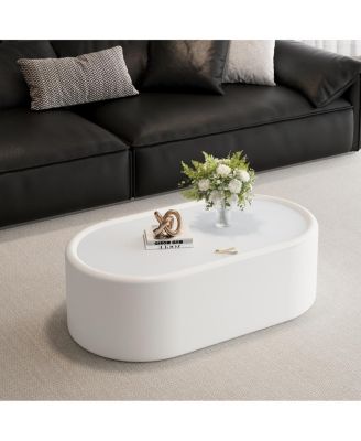 33.46" Oval Hidden Storage Coffee Table with Tempered Glass and Leather Top