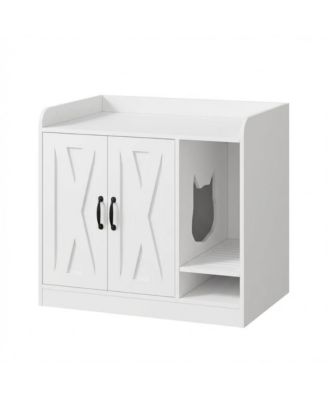 Double Cat Litter Box Enclosure – Modern Hidden Wooden Cat Washroom Cabinet with Divider and Mark Mat, Multi-Functional Indoor Cat House Bench