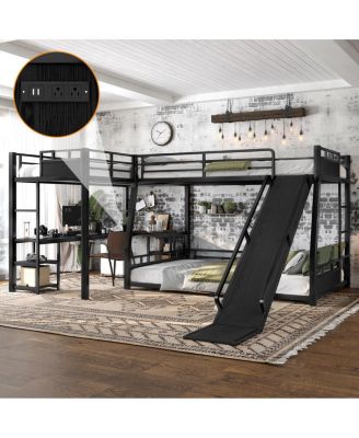 L-Shaped Metal Triple Bunk Bed with Desk, Storage, and Slide