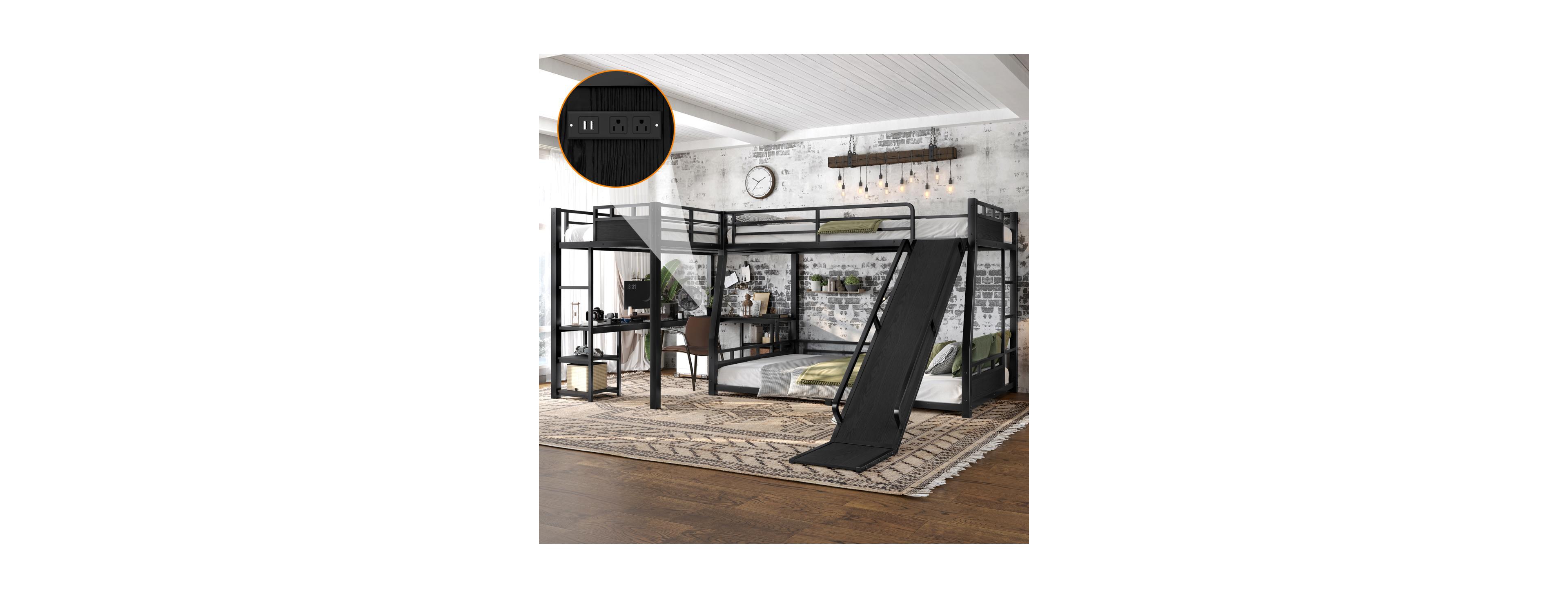 Streamdale Furniture L-Shaped Metal Triple Bunk Bed with Desk, Storage, and Slide