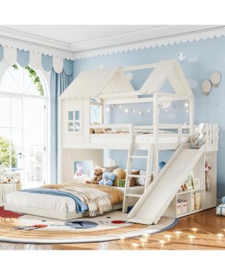 Twin over Full House Bunk Bed with Slide, Storage, and Wardrobe
