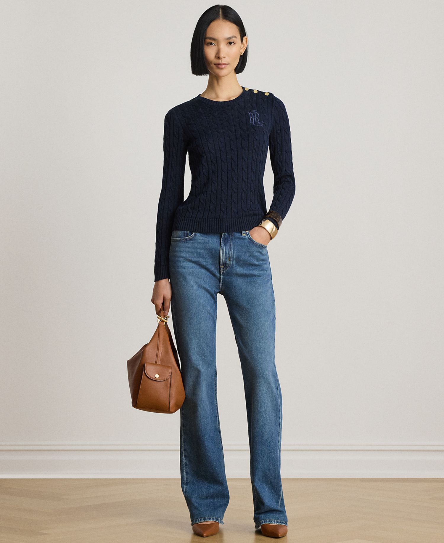 Petite Button-Trim Cable-Knit Sweater