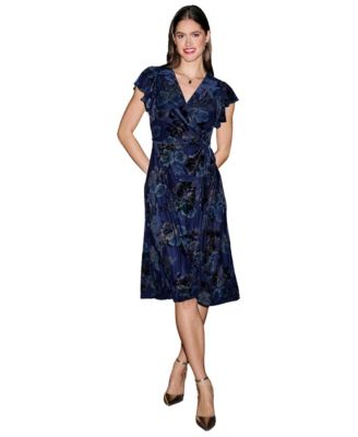 Women's Velvet Floral Wrap Midi Dress