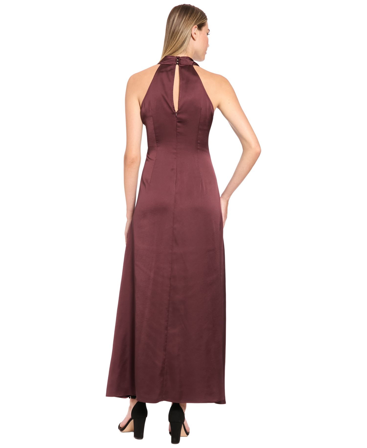 Women's Halter Gathered V-Neck Keyhole-Back Midi Dress