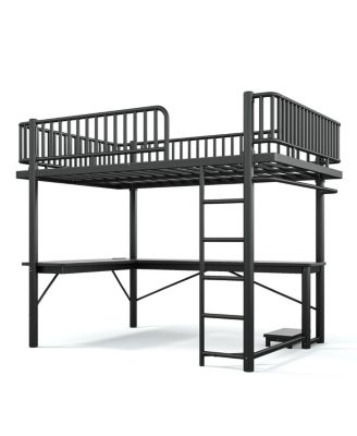 Queen Metal Loft Bed with L-Shaped Desk, LED Lights, and Charging Station