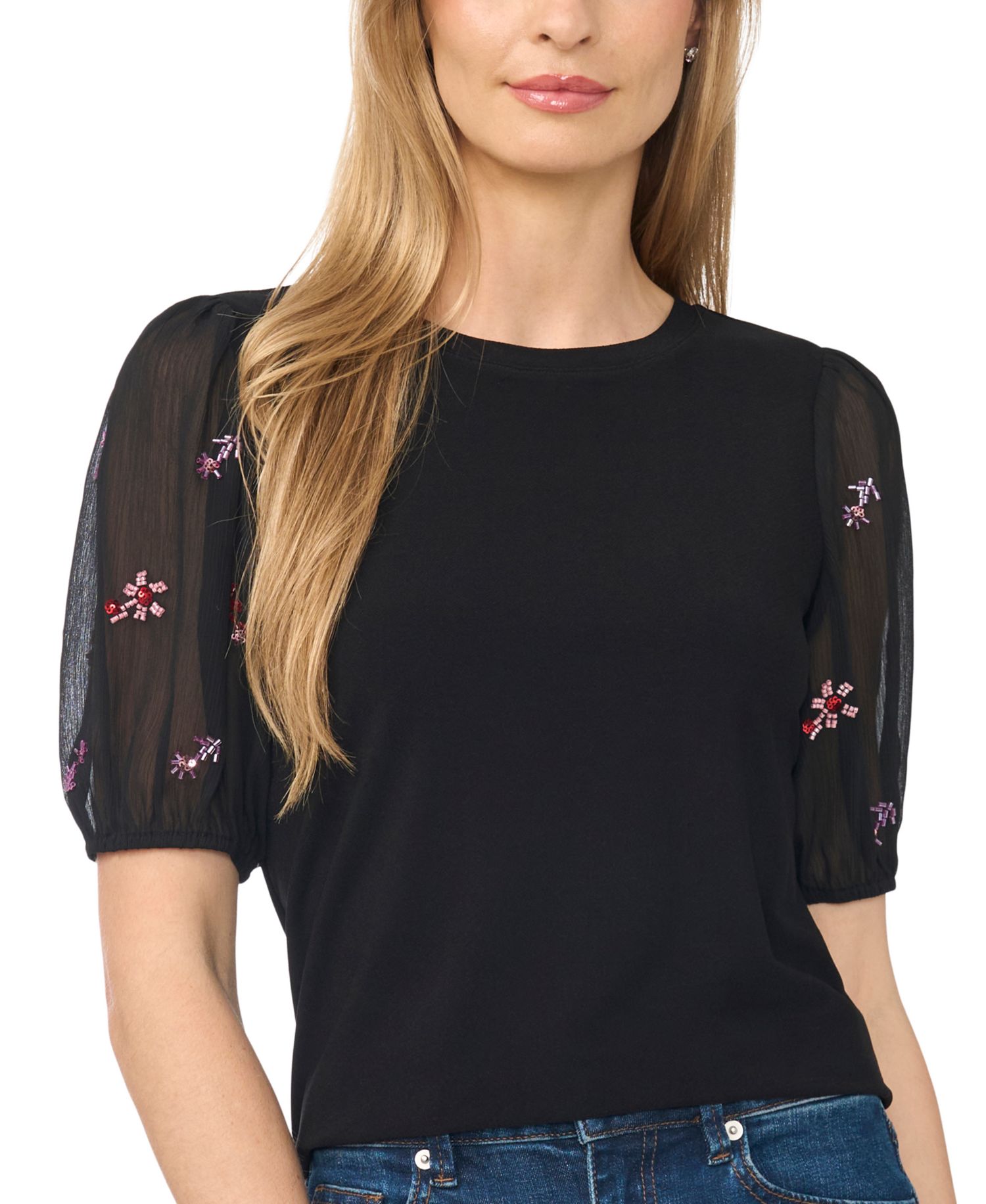 Women's Beaded Short-Sleeve Mixed-Media Crew Neck Blouse